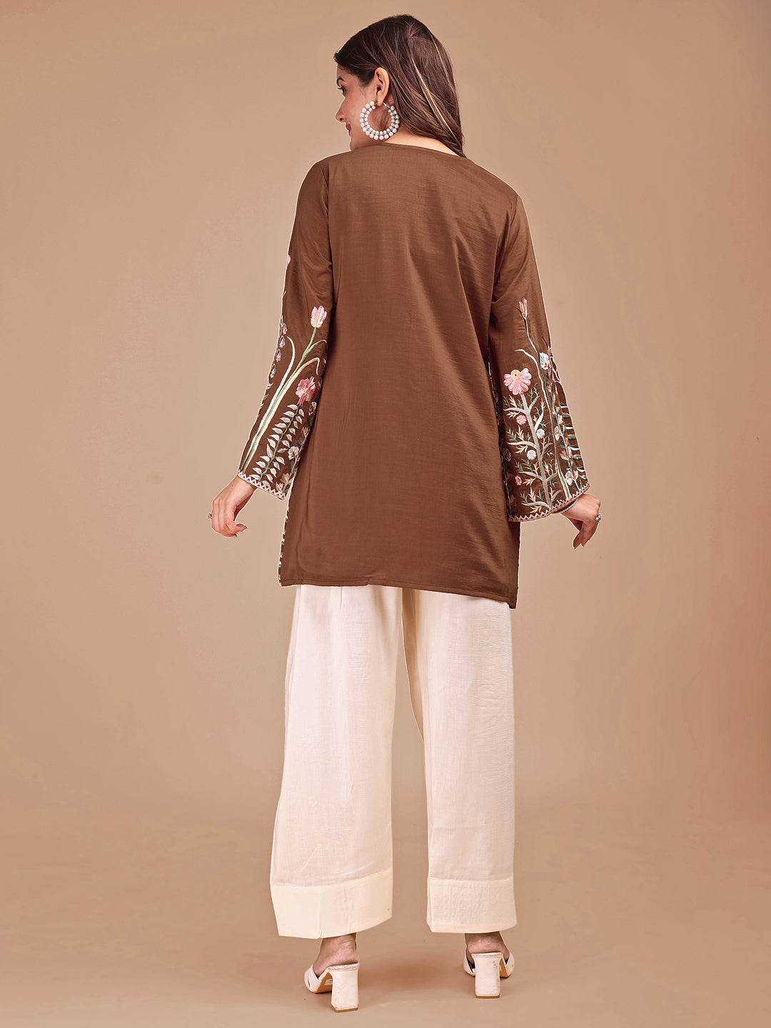 Brown & Cream Colored Embroidered Co-ord Set With Farshi Salwar